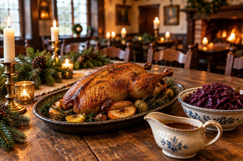 Helstegt juleand med hjemmelavet rødkål og andesovs på et julepyntet bord